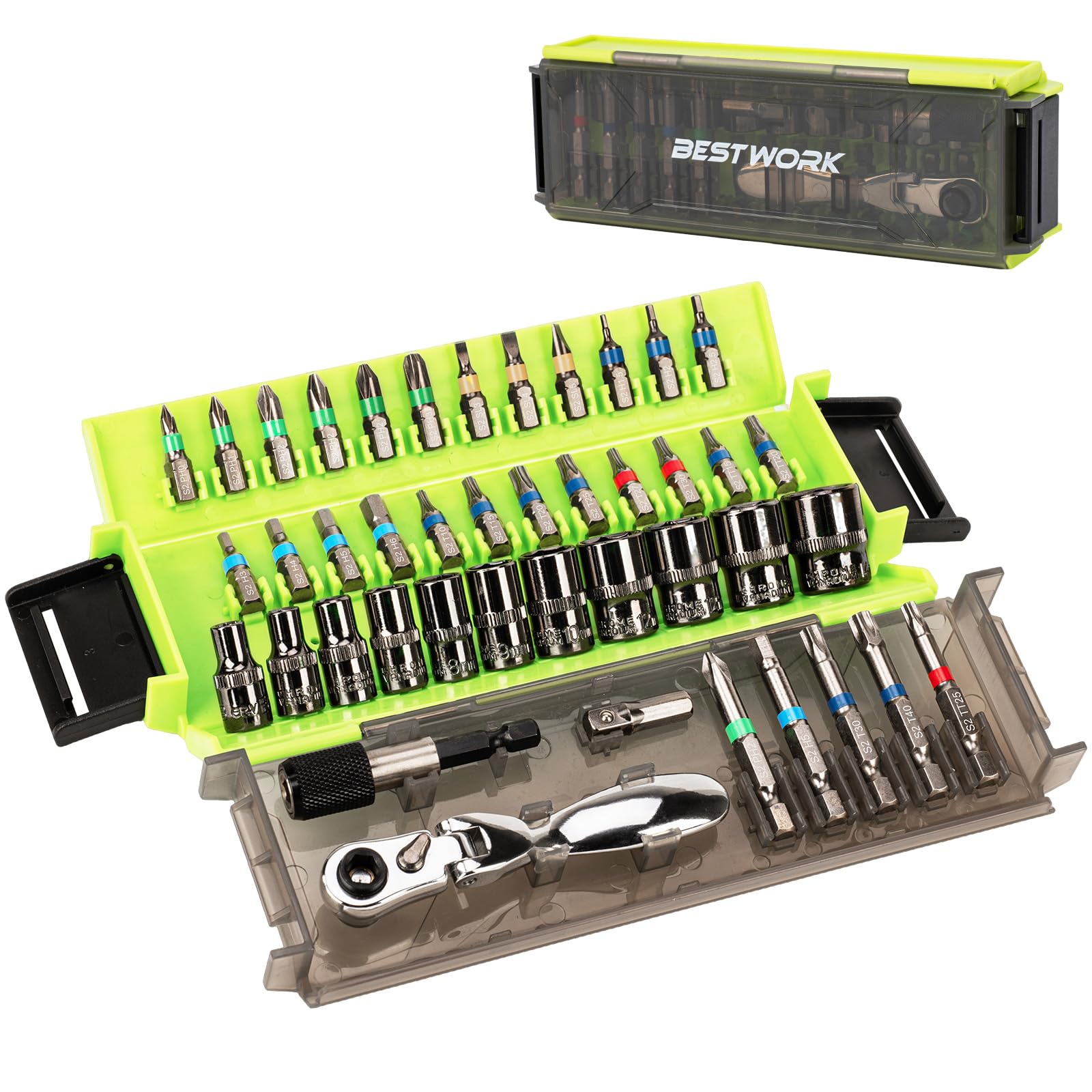 Photo 1 of ***MISSING PARTS***
Bestwork 43-Piece Socket Ratchet Wrench Set, 1/4" Drive Metric Small Socket Set with 72-Tooth Dual Flex Head Mini Ratchet & Screwdriver Bits for Tight Space, Bike, Motorcycle, Automotive & Home Repair