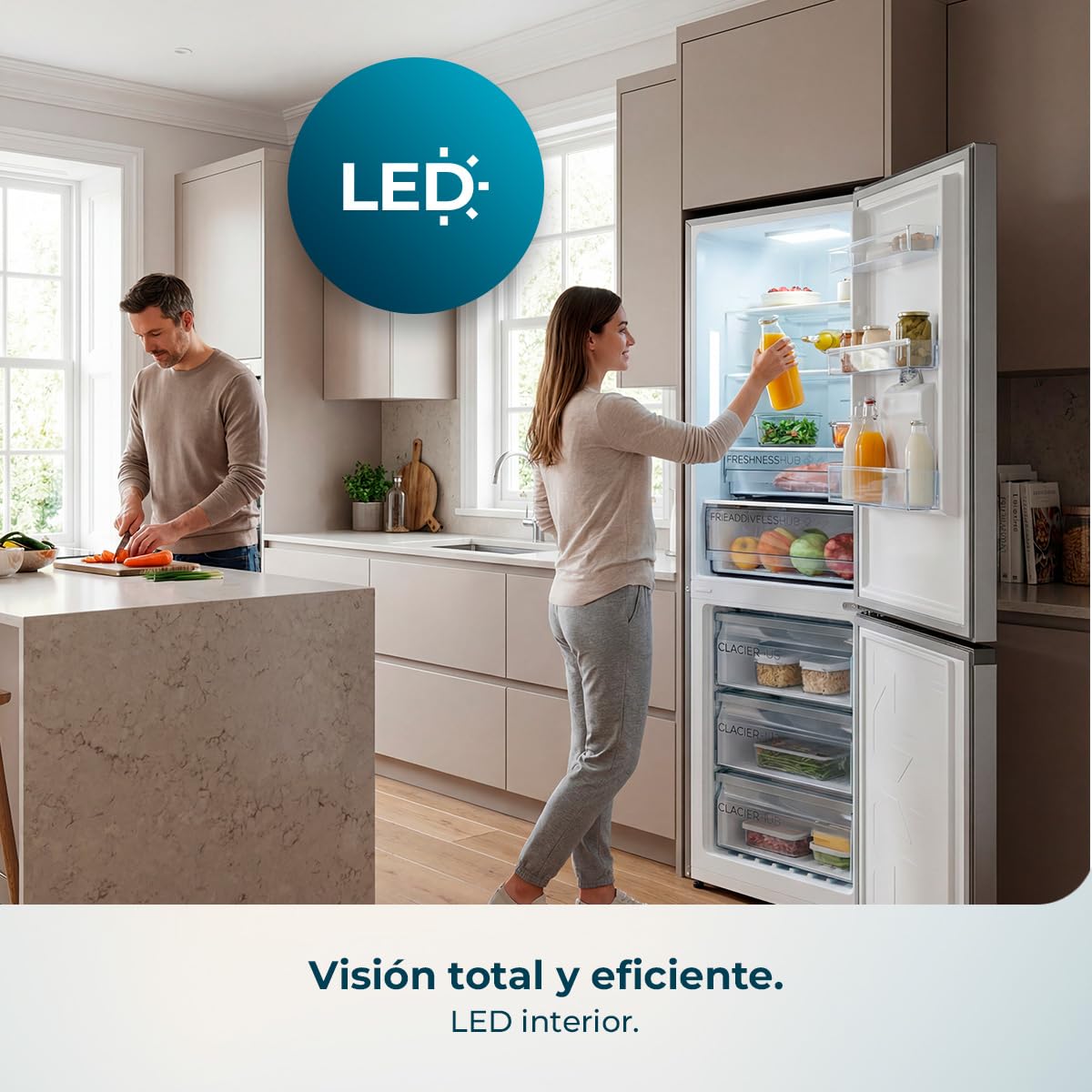 Cecotec Frigorífico Combi Total No Frost de 322L Bolero CoolMarket Combi 322i WD Inox E. 185,5 cm de Alto, 59,5 cm de Ancho, Clase E, Tecnología Multi Airflow, HumidityFlex HUB, LED Interior, Inox