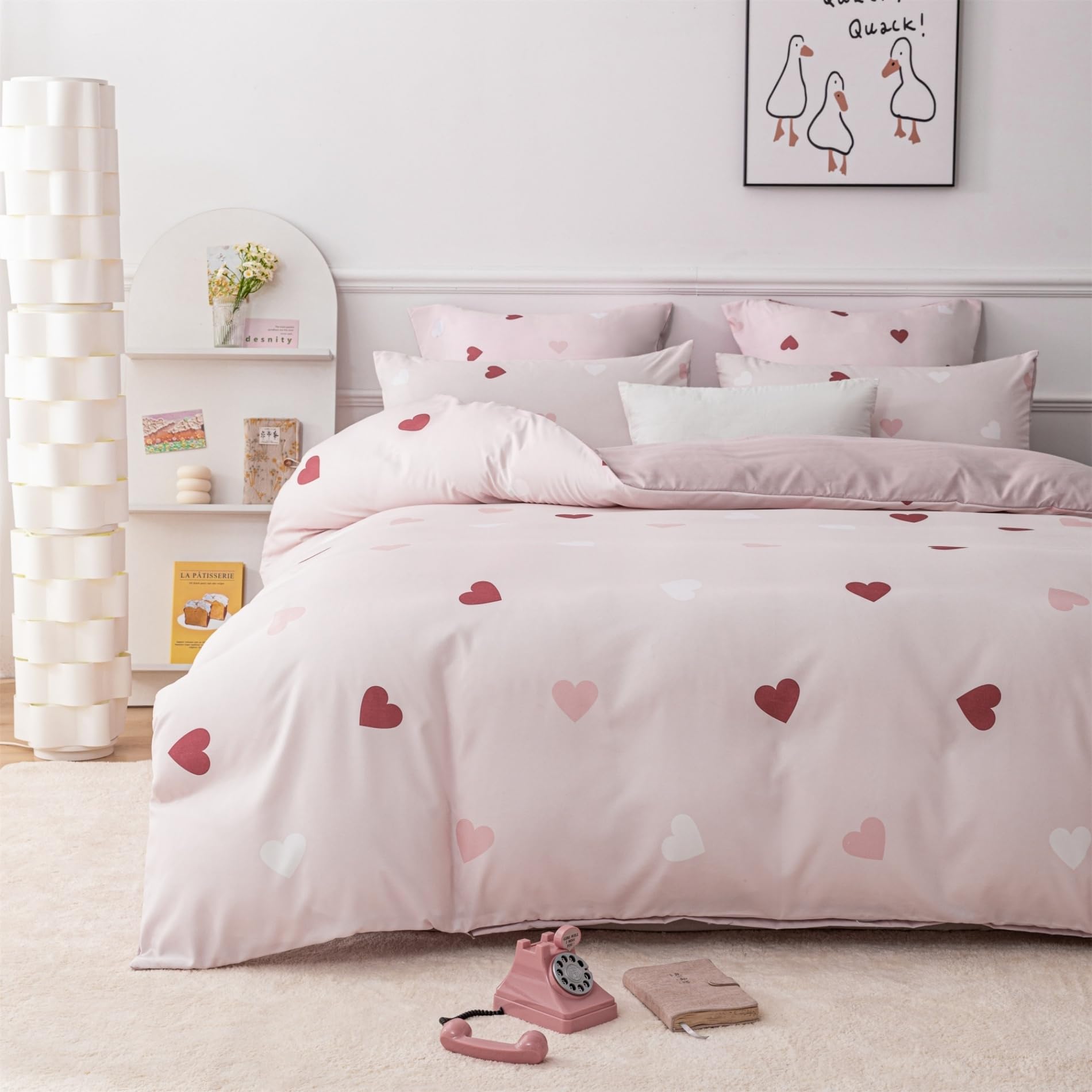 Housse de couette 220x240 cœur rouge imprimé parure de lit 2 personnes