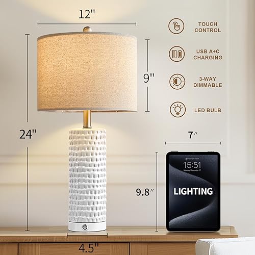Miniatura 5 de PORTRES Lámparas de noche de 24 pulgadas para dormitorio, lámpara de mesa táctil regulable de 3 vías, lámpara blanca de cerámica para sala de estar,
