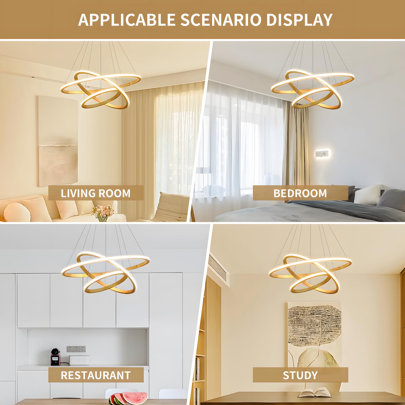 Drewniane Żyrandole LED Lampa Sufitowa, Możliwość Przyciemniania 3 Pierścieniowa Drewniana Oprawa Oświetleniowa, Regulowana Okrągła Lampa Wisząca, Wyspa Kuchenna Jadalnia Salon【40+60+80cm】