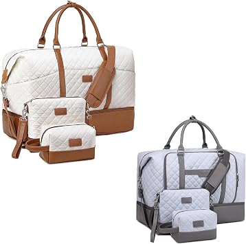 2 Set White Brown + Grey Blue Weekender Bags for Women with Toiletry Bags