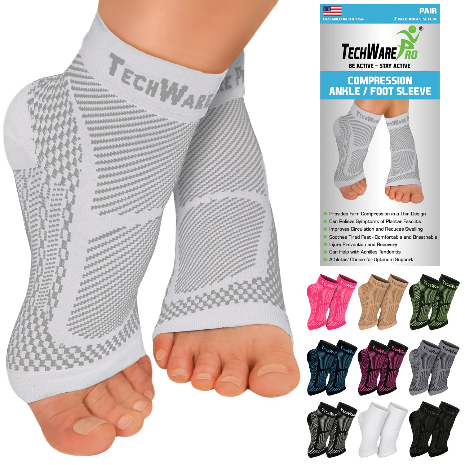TechWare Pro Ankle Brace Compression Sleeve - Plantar Fasciitis Sock. Relieves Achilles Tendonitis. Foot Arch Support Reduces Joint Pain, Swelling & Heel Spur Pain. Injury Recovery Braces for Sports
