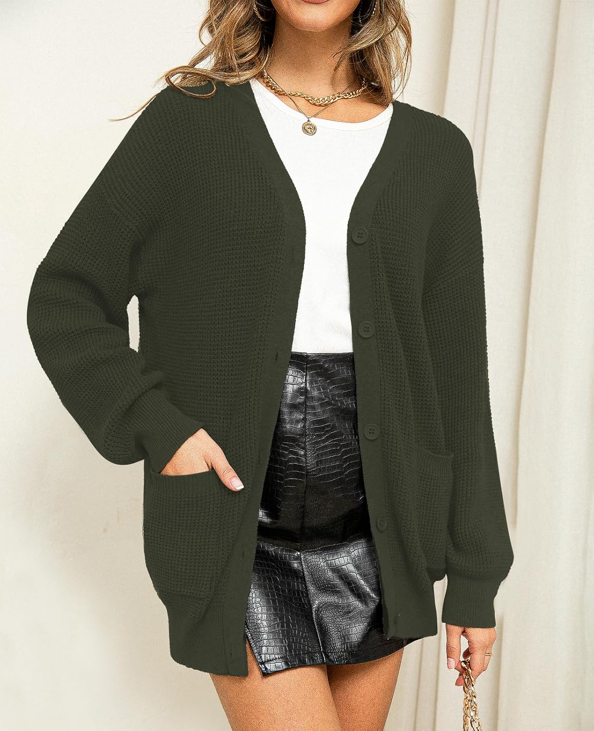 QUALFORT Women's 100% Cotton Cardigan Sweaters for Women Button Down Oversized Knit Outerwear with Pockets Fall Cardigan 2026 - Image 3