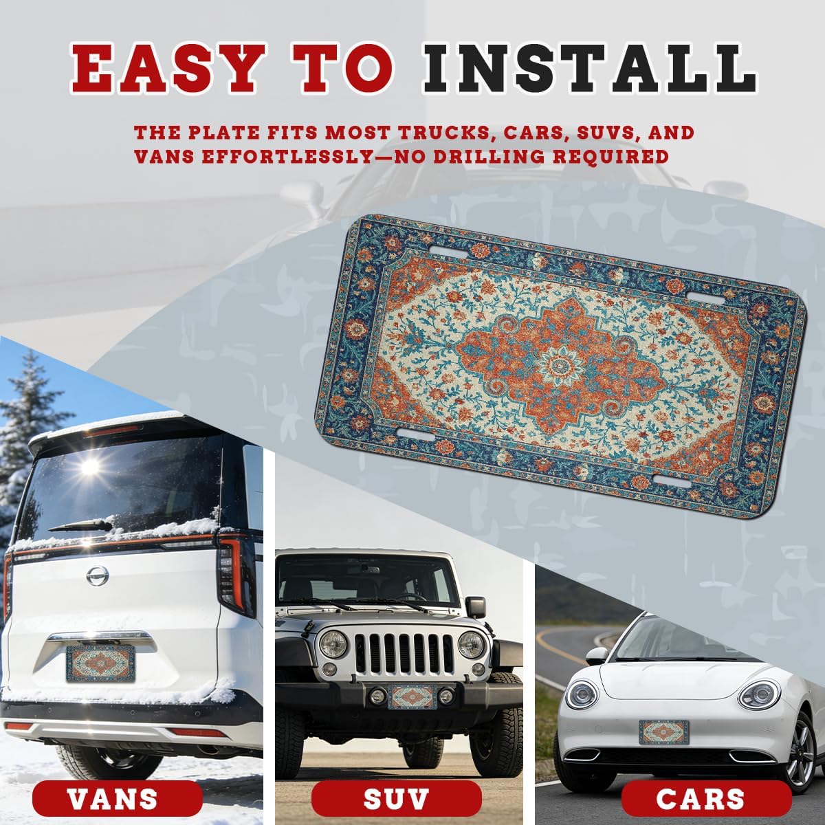 Vintage Carpet Front License Plate Persian Floral Blue Red Car Decorative License Plates Aluminum Metal Decor Accessory Novelty Vanity Tag Cover with 4 Holes for Men Women 6" X 12" image 3