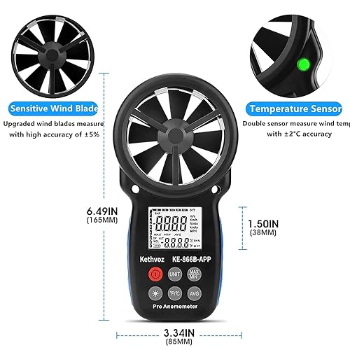 Miniatura 4 de Anemómetro digital medidor de velocidad del viento, anemómetro Kethvoz con Bluetooth, medidor de velocidad de viento con registrador de datos,
