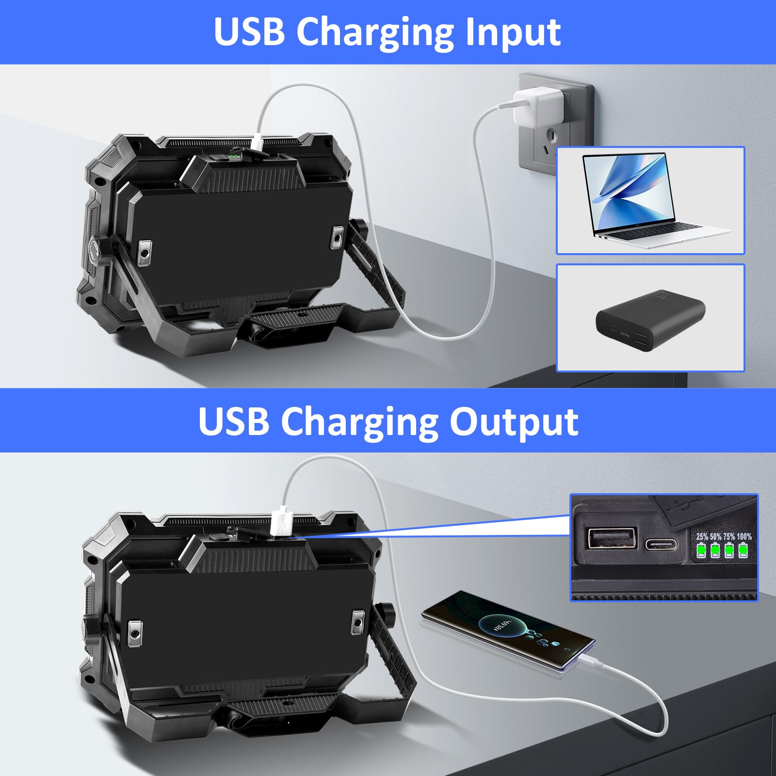 MASMEJOR Projecteur LED Rechargeable, 10000mAh, 8000LM, Base Magnétique | 80W, 206 LEDs, 5 Modes d'éclairage, Sortie USB, IP53, Portable pour Camping, Pêche, Chantier, Garage, Urgences