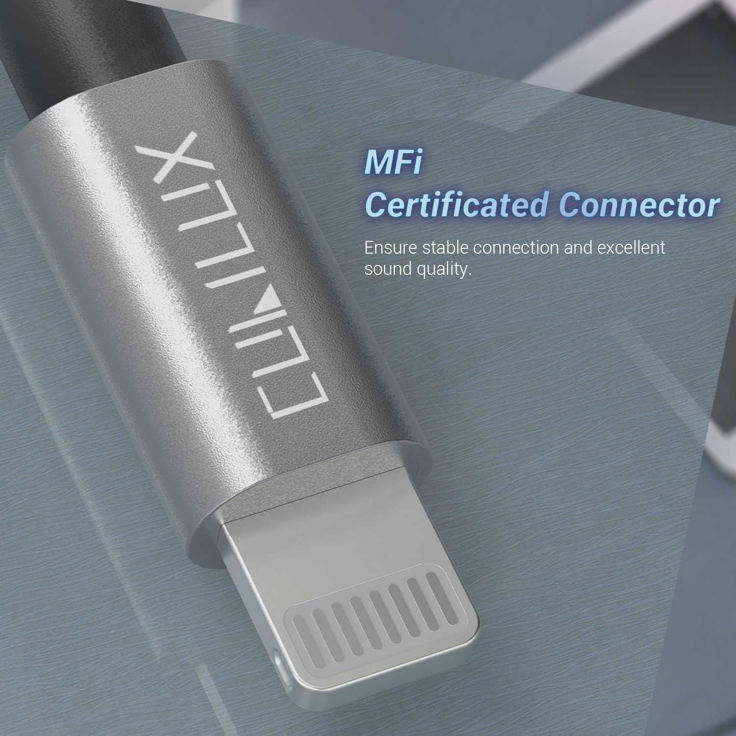 Close-up image of the Cubilux Lightning connector, highlighting its MFi certification and braided cable design.