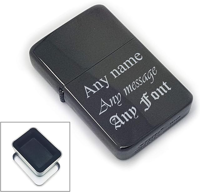 Personalised Engraved Black Gloss Lighter, Metal Tin Gift Box, Personalise with Any Message