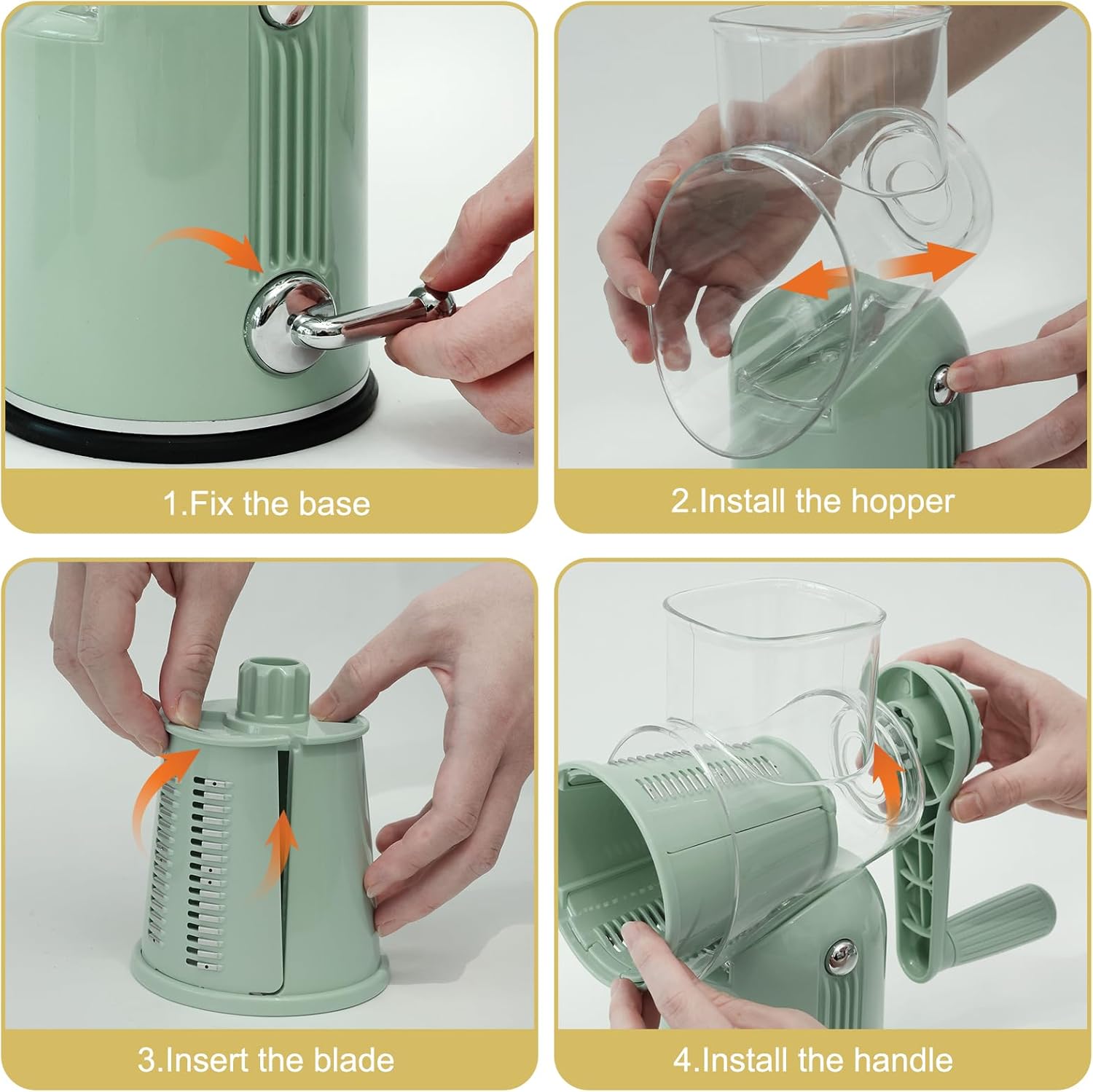 5 in 1 Cheese Grater with Rotary Hand Crank - Vegetable Chopper with Replaceable Stainless Blades, Strong Suction Base, Handle, Blade Storage Box, Easy-Clean Multipurpose Kitchen Slicer (Green)