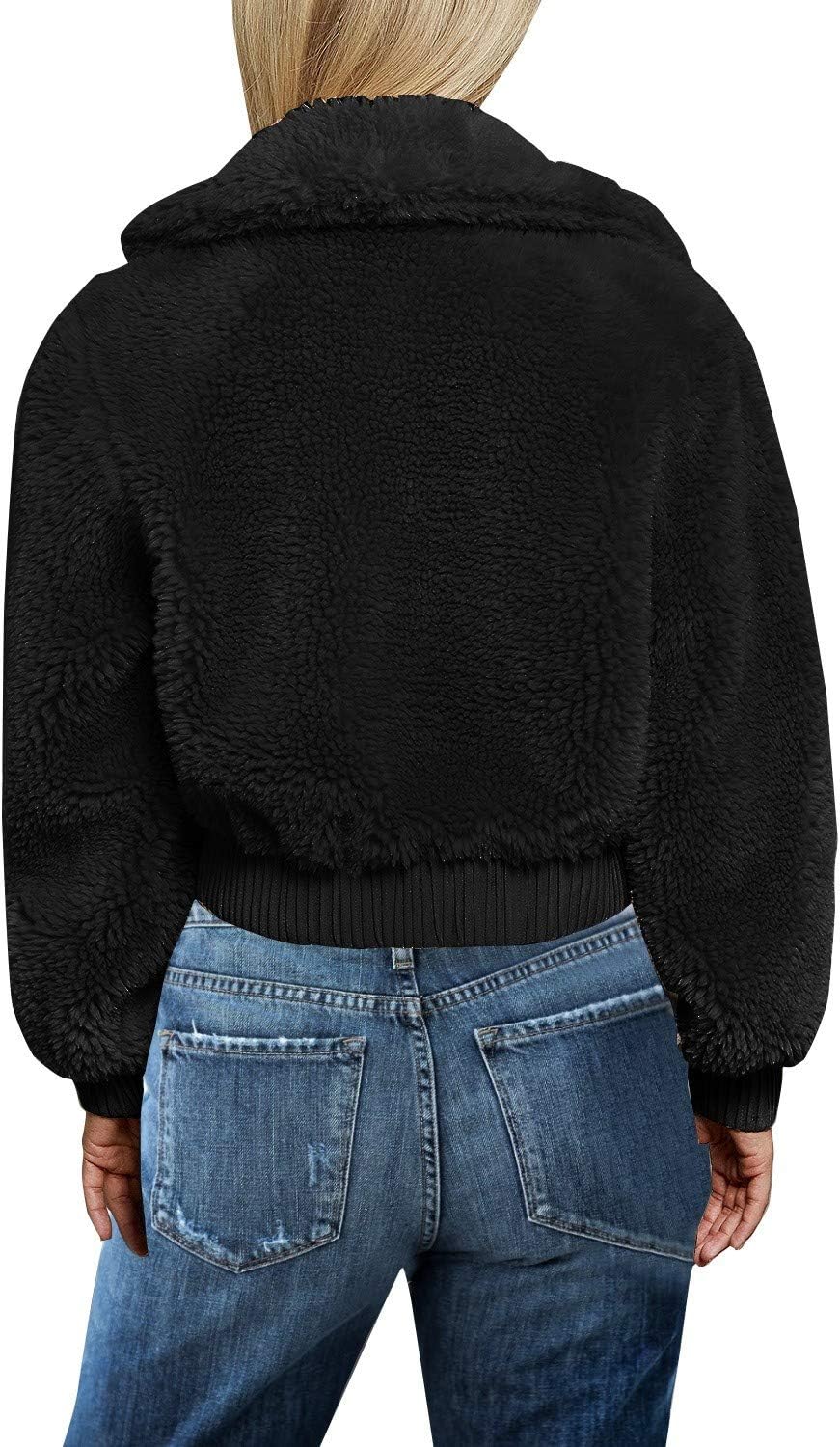 FANCYINN Womens Teddy Cropped Faux Fur Jacket Furry Lapel Coat Zip Up with Pockets Warm Winter - Image 3