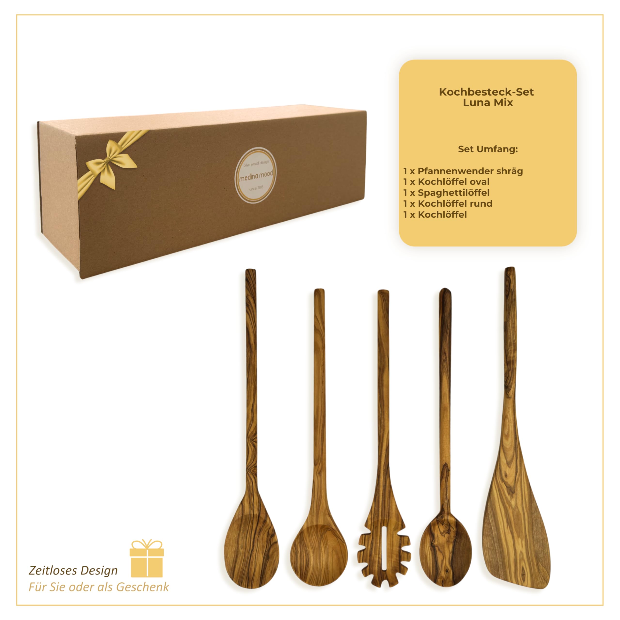 Kochbesteck Set „Luna Mix“ Olivenholz 5-teilig – Kochlöffel Set, Pfannenwender Holz – variable Länge Küchenhelfer – vielseitig & praktisch