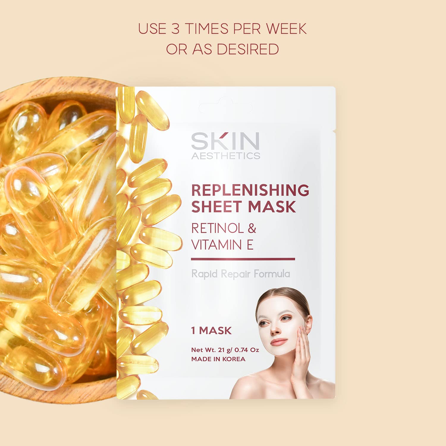 Skin Aesthetics Maska na twarz z retinolem i witaminą E, naprawia skórę, zmniejsza drobne linie i zmarszczki, przeciwstarzeniowa - przetestowana dermatolog koreańska pielęgnacja skóry - czyste piękno