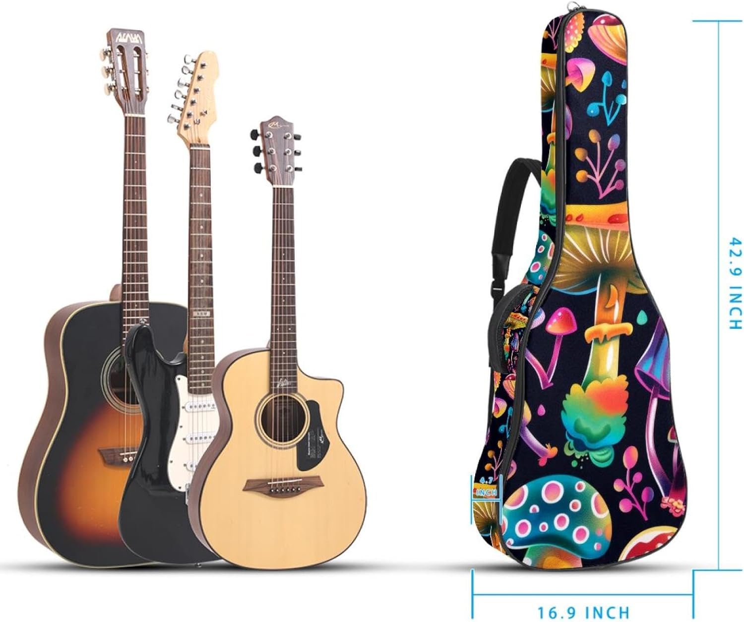 Acoustic Guitar Bag 0.4 Inch Thick Padding Waterproof Guitar Case Gig Bag for 40 41 42 Inch Electric Bass Classical Guitar, Bright Colorful Froest Mushrooms