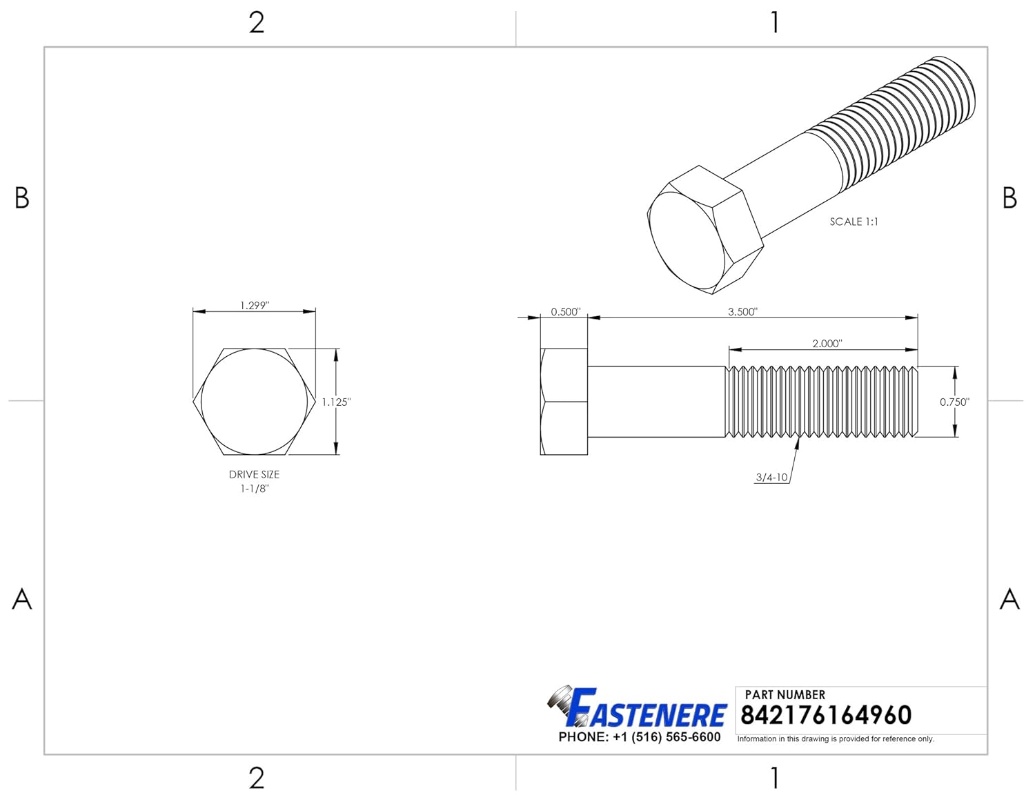 3/4-10 x 3-1/2" Hex Head Cap Screw Bolts, External Hex Drive, Stainless Steel 304, Partially Threaded, Stainless Steel, Quantity 1