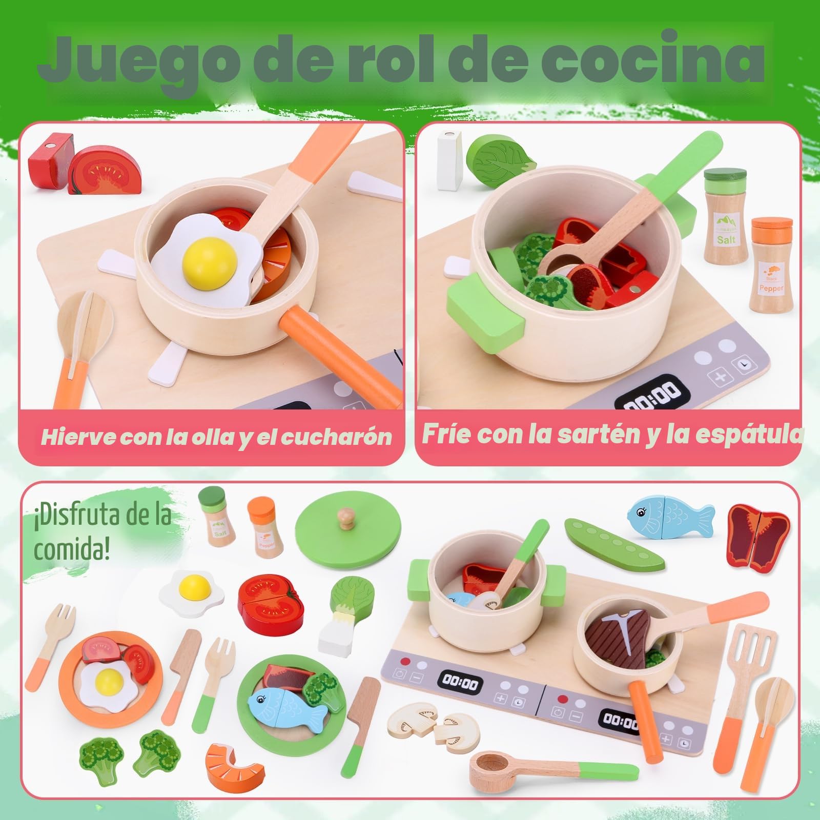 Mardo Accesorios Cocina Juguetes para Niños , Utensilios de Cocina al Aire Libre, Juego de Ollas y sartenes de Madera, Vegetales para Cortar, Juego de rol para Niños Mayores de 3 Años