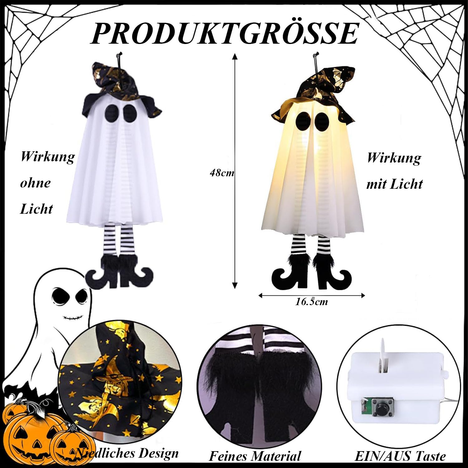 Halloween Deko, 3 Stück Hängend Geister mit Hexenhut, Leuchtend Geister Lichter, Halloween Deko Outdoor für Zuhause Baum Garten Hof, Festliche Atmosphären Horror Motto Party Requisiten