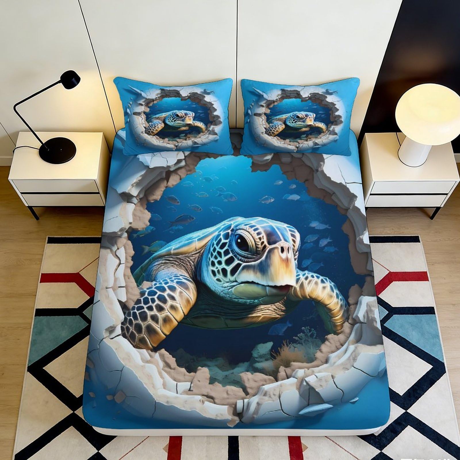 3D Printed sea turtle Fitted Sheet blue ocean decor, Microfiber soft touch, anti-slip, guest room bedding, easy care 90x200x25cm