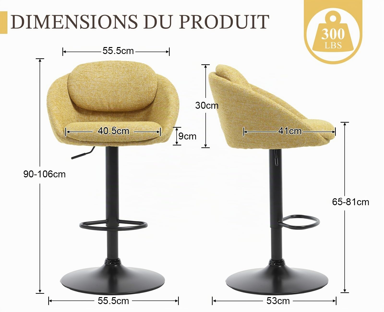 Ya-Home Tabouret de Bar Moderne Pivotant Lot de 2, Jaune | Chaises de Bar en Chenille, Chaise Haute Cuisine Réglable en Hauteur, Tabouret Haut avec Dossier Courbé