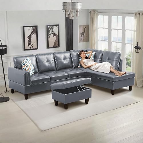 97" Modular Faux Leather L-Couch, Convertible Sofá, Reversible Chaise + Hidden-Storage Ottoman, 5–6 Seat Sectional with Armrests, Easy Assembly Corner Couch, Dark Grey