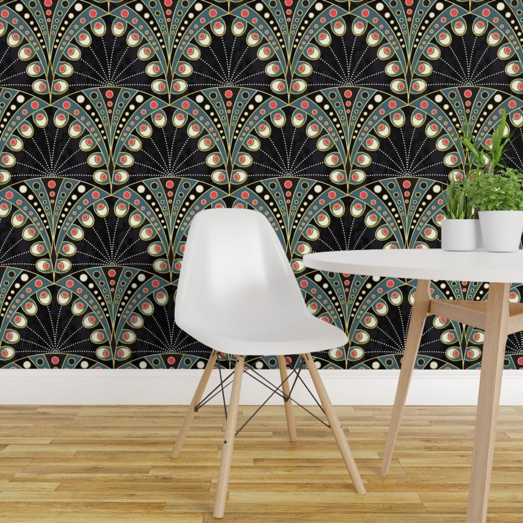 Removable Wallpaper 3ft x 2ft - Art Deco Peacock Feathers Black Teal Gold Geometric Abstract Custom Pre-Pasted Wallpaper by Spoonflower