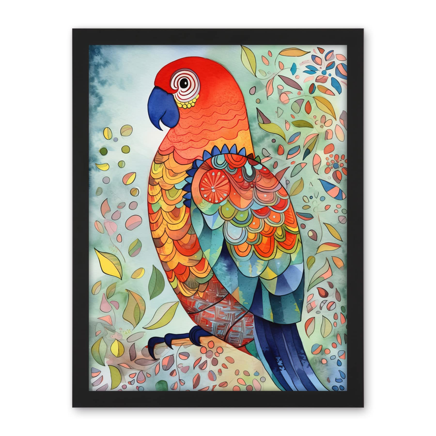 Artery8 Parrot Bird Portrait Folk Art Watercolour Painting Artwork Framed Wall Art Print 18X24 Inch
