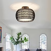 Vista 1 de Rattan Light Fixtures, Hand-Woven Boho Flush Mount Ceiling Light, Handmade Rattan Light Fixtures Ceiling Mount with Fabric Shade, Farmhouse Light