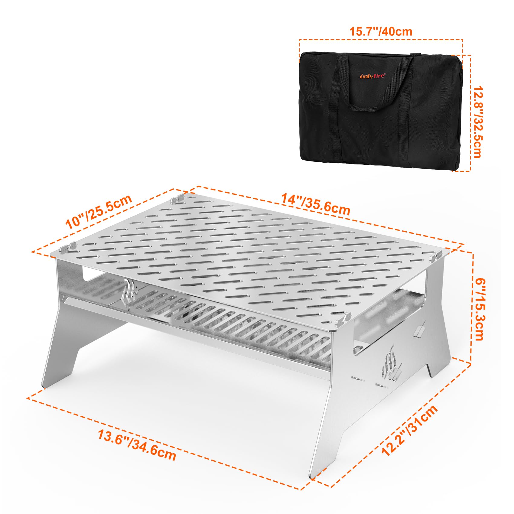 Onlyfire Barbecue à charbon portable en acier inoxydable très résistant | Barbecue pliable, sac de transport et pince de barbecue, pour terrasse, jardin, camping, pique-nique et randonnée