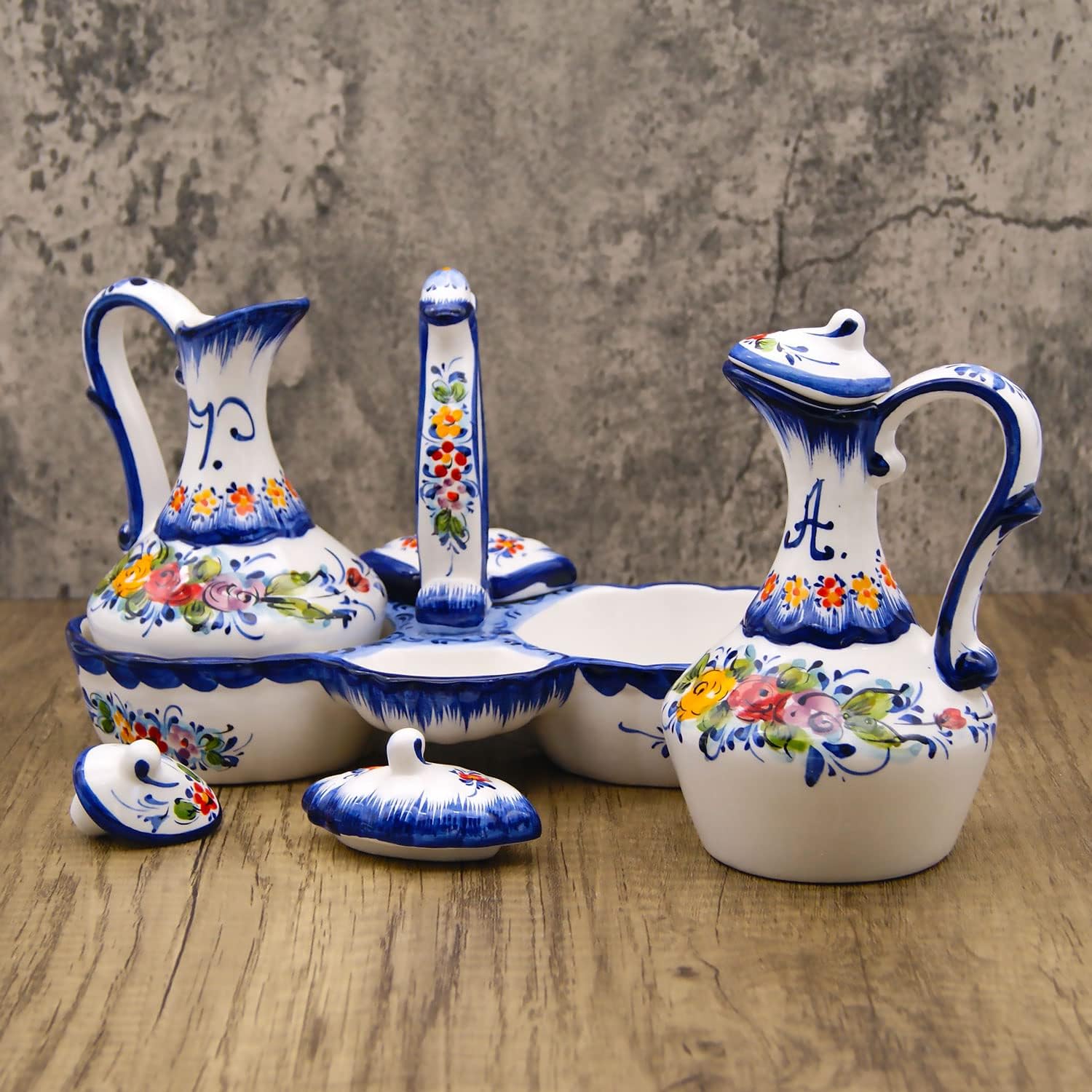 Faireal Portuguese Pottery Hand Painted Ceramic Olive Oil, Vinegar, Salt and Pepper Dispenser Cruet Set Blue White Green Red Yellow 10inch x 7inch x 7.5inch inches AVID 131 Hand Painted Cruet Set