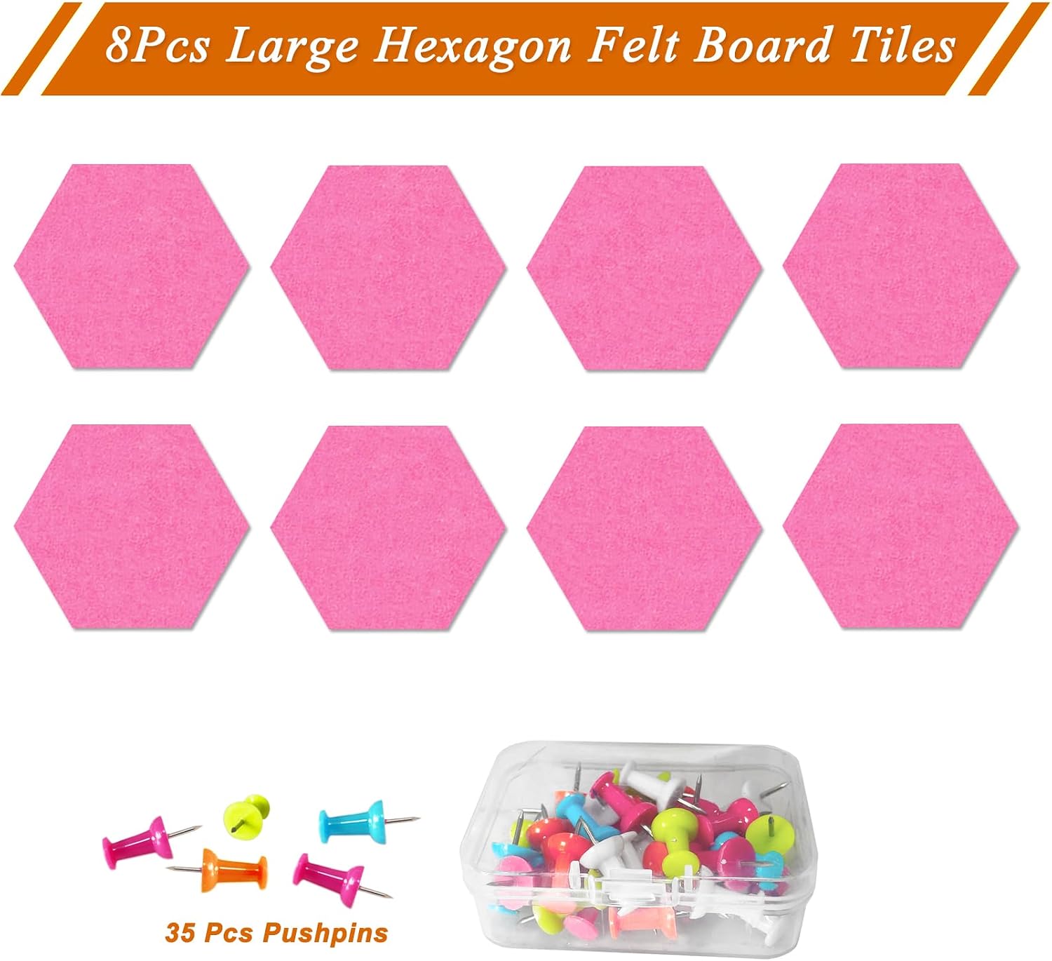 Large Hexagon Felt Cork Board Tiles, Self Adhesive DIY Felt Bulletin Board Pin Board with 35 Pushpins for Office School Home Wall Decor Stickers Memos Photos Display(Pink)