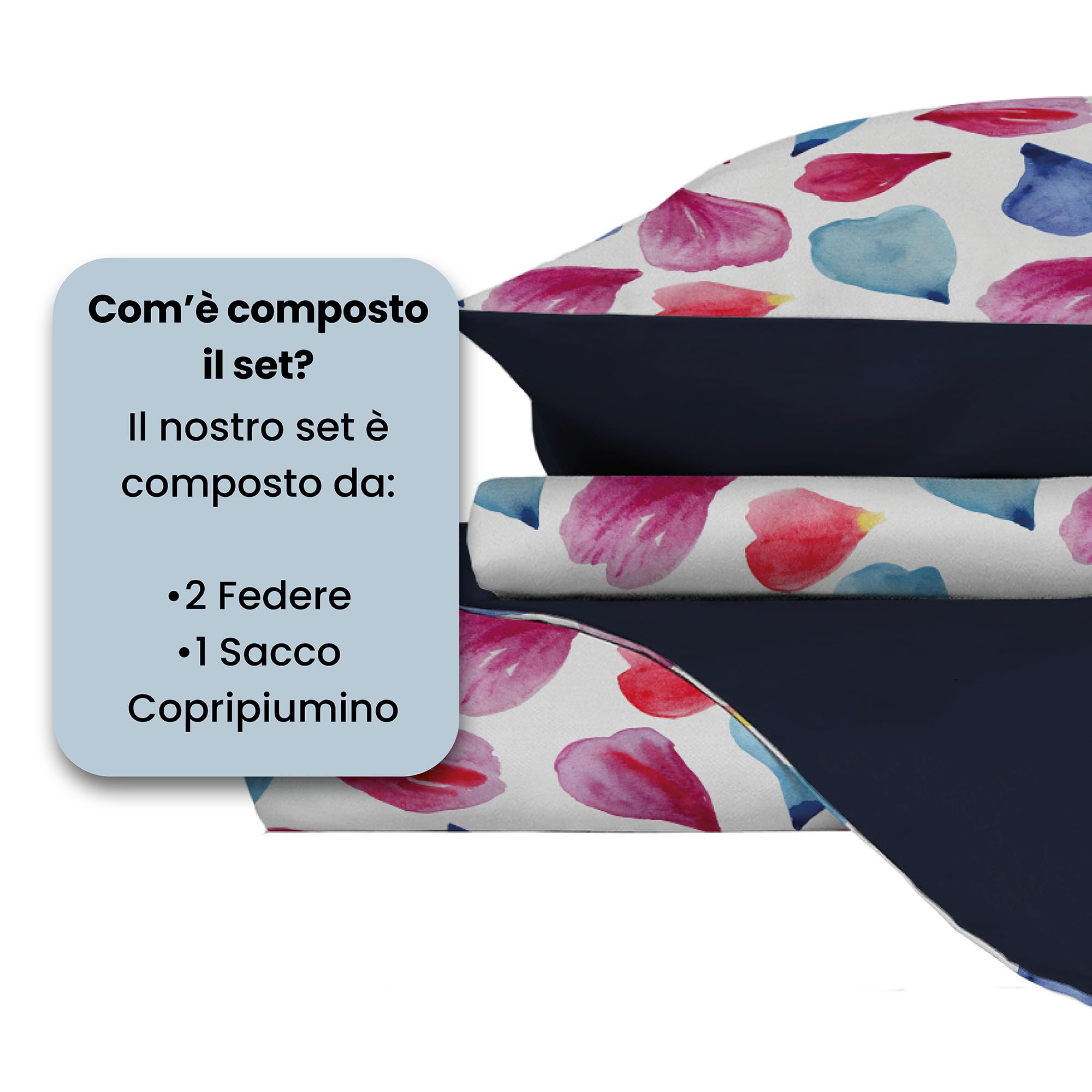 Set Copripiumino Fantasy, Lavorato in Italia - Parure Copri Piumino - Sacco Piumone 250x200 cm con Patella e Federe Cuscino, Matrimoniale, Petali