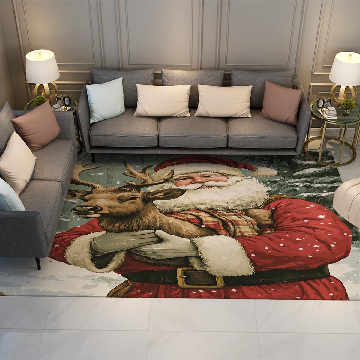Tapis de Noël lavable et antidérapant motif renne pour chambre et salon