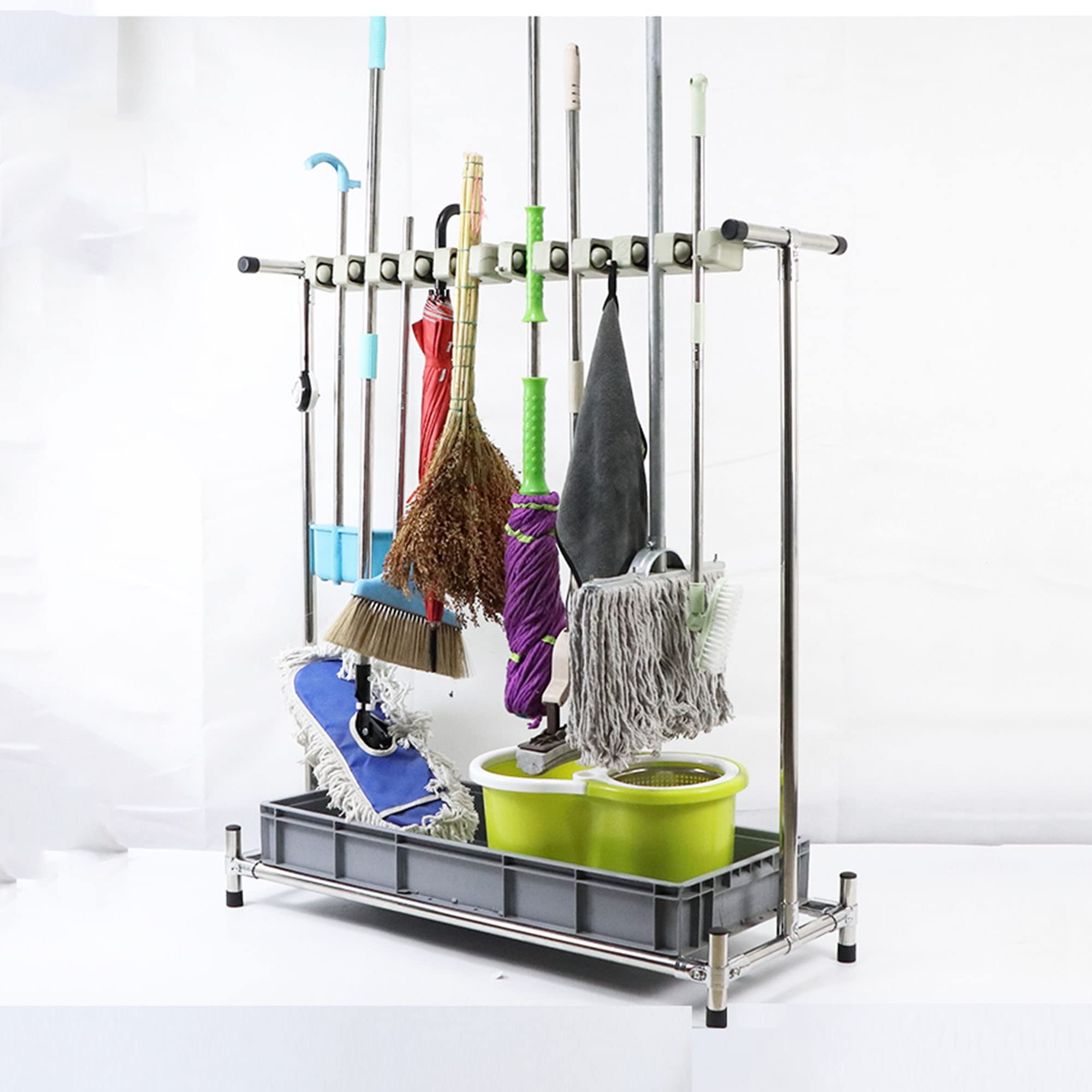 Movable Floor Standing Mop Broom Holder,Commercial Stainless Steel Mop Rack, Cleaning Supplies Organizer,Garden Tool Storage,Umbrella Stand,Put Wet Mops,5 Slots,for Garage,Schools,Hospitals,Factories