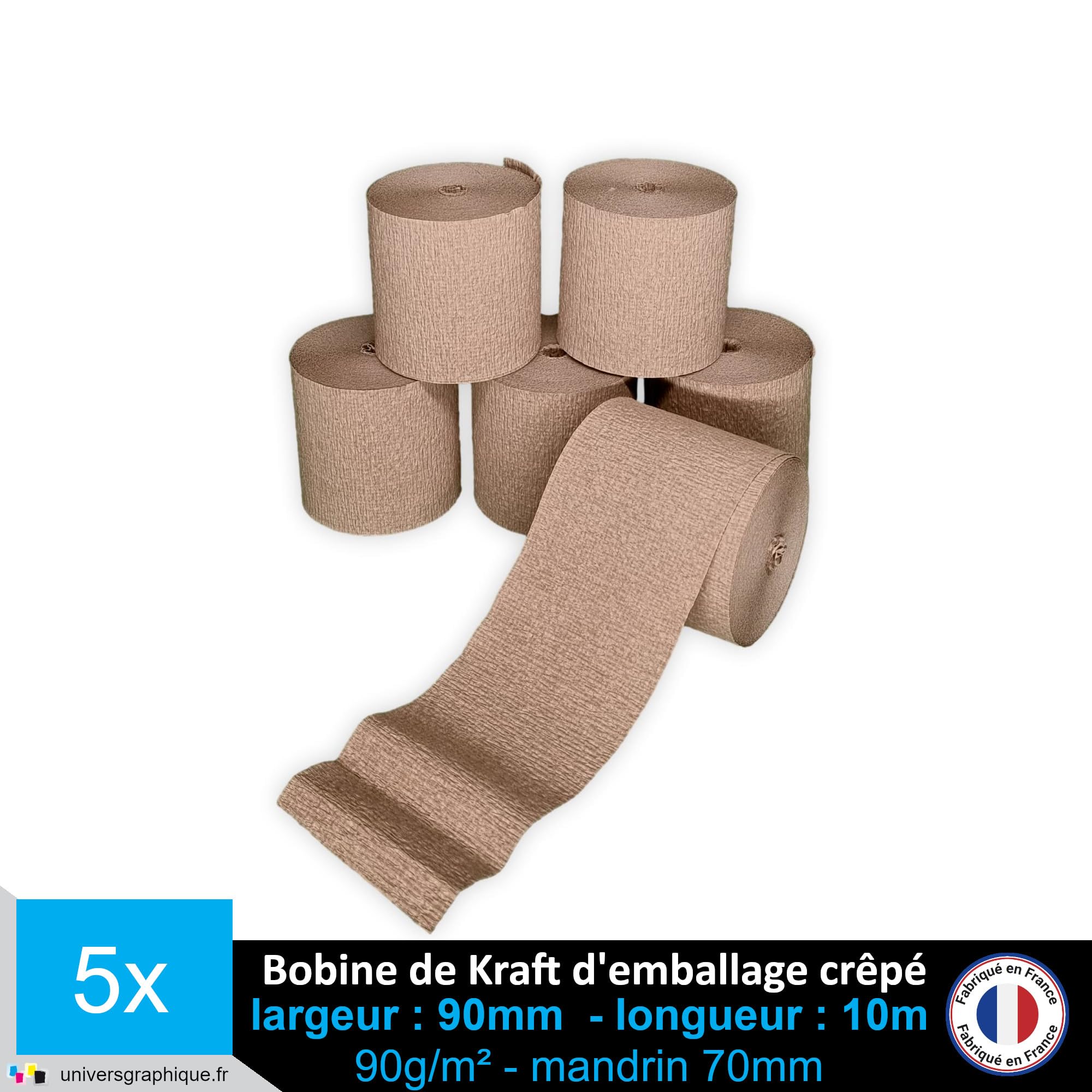 Papier Kraft d'emballage Crêpé 90 g/m² 90 mm bobine de 10m pour conditionnement et protection d’expédition (lot de 5)