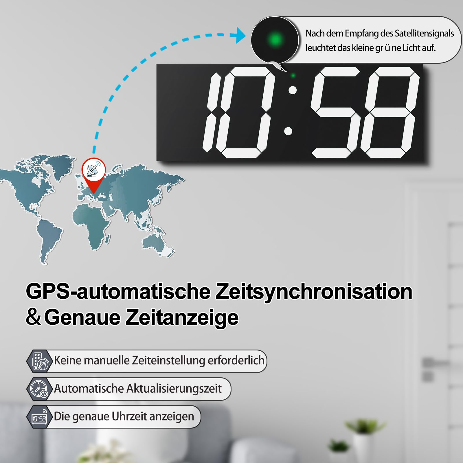 Automatische digitale Wanduhr, 47 cm, LED-Digitaluhr mit großem Display, multifunktionale Wanduhr mit Alarm und Timer, automatische Zeitsynchronisation, Uhr mit einstellbarer Helligkeit (weiß)
