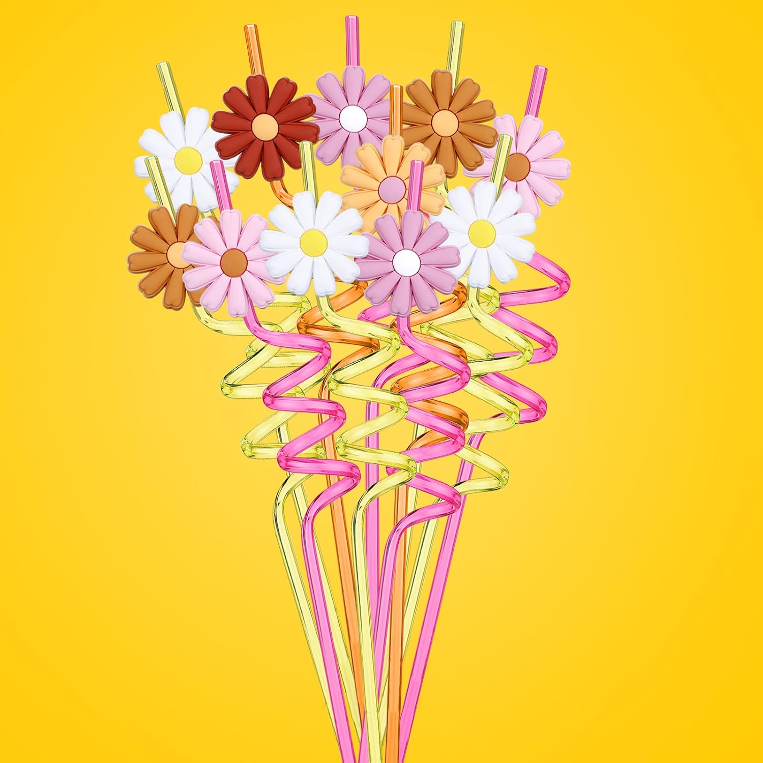 Uiifan 24 Pcs Plastic Flower Straws Bulk Reusable Groovy Daisy Straws Funny Daisy Party Favors for Summer Birthday Party Decorations, Multicolored(Cute Color)