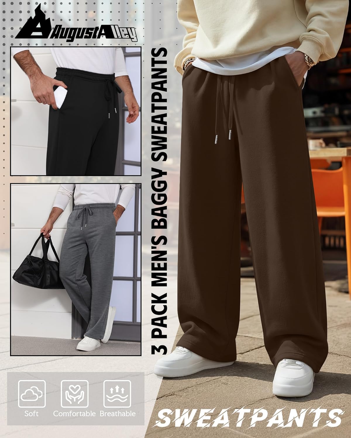 3 Pack Men's Baggy Sweatpants Wide Leg Open Bottom Drawstring Pants Lounge Athletic Loose Joggers with Pockets - Image 4