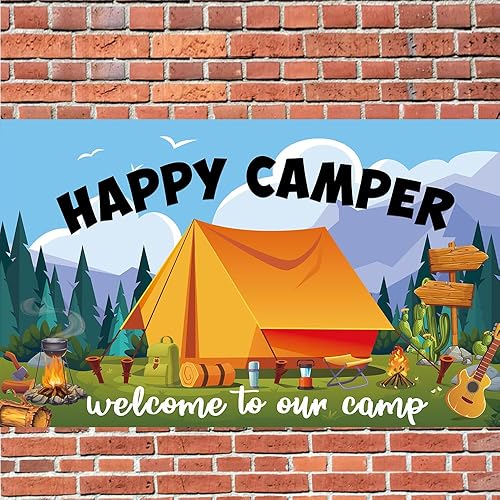 Miniatura 9 de Cartel de fondo de Happy Camper con 70.8 x 43.3 pulgadas, tela de poliéster grande, letrero de telón de fondo para campamento, suministros de