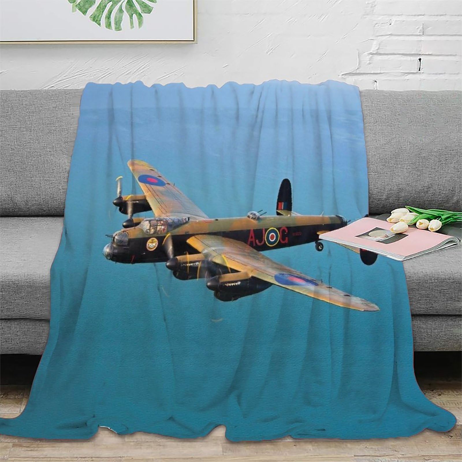 Lililaobiao Ww Ii Aircraft 3D Flannel Blanket For Bed Super Soft Lancaster Bomber Blanket For Fall & Winter, No Pilling, No Shedding, Lightweight Decorative Fuzzy Plush Bedding For Couch