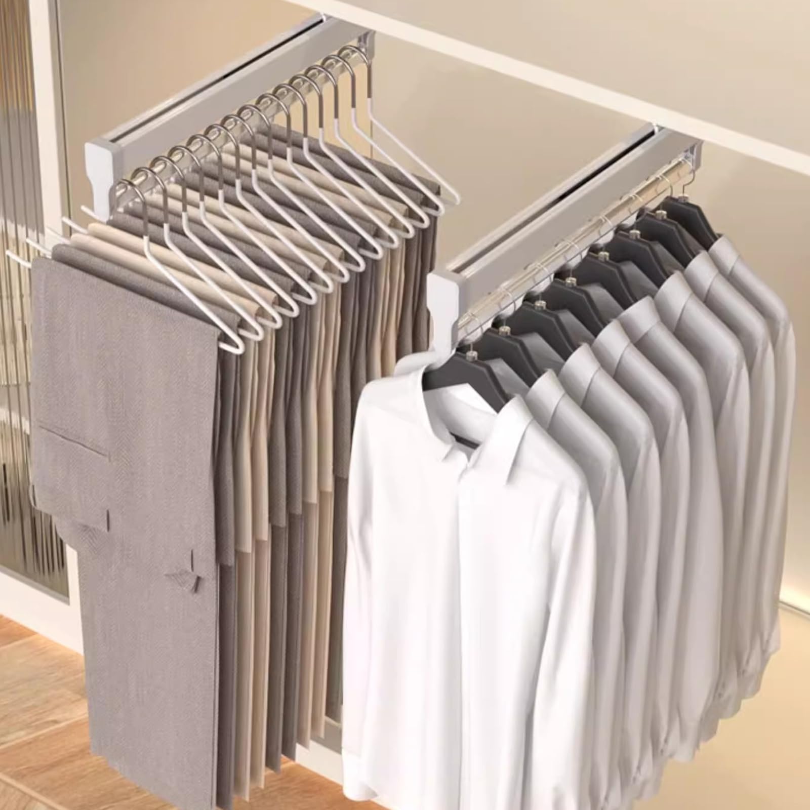 2 Piezas Blanco Barra Armario Extensible con 2 rieles deslizantes 35-68cm Pantalonero Extraible Para Armario de Acero Laminado en Frio Barra Extensible Armario, Soporta Hasta 25 kg