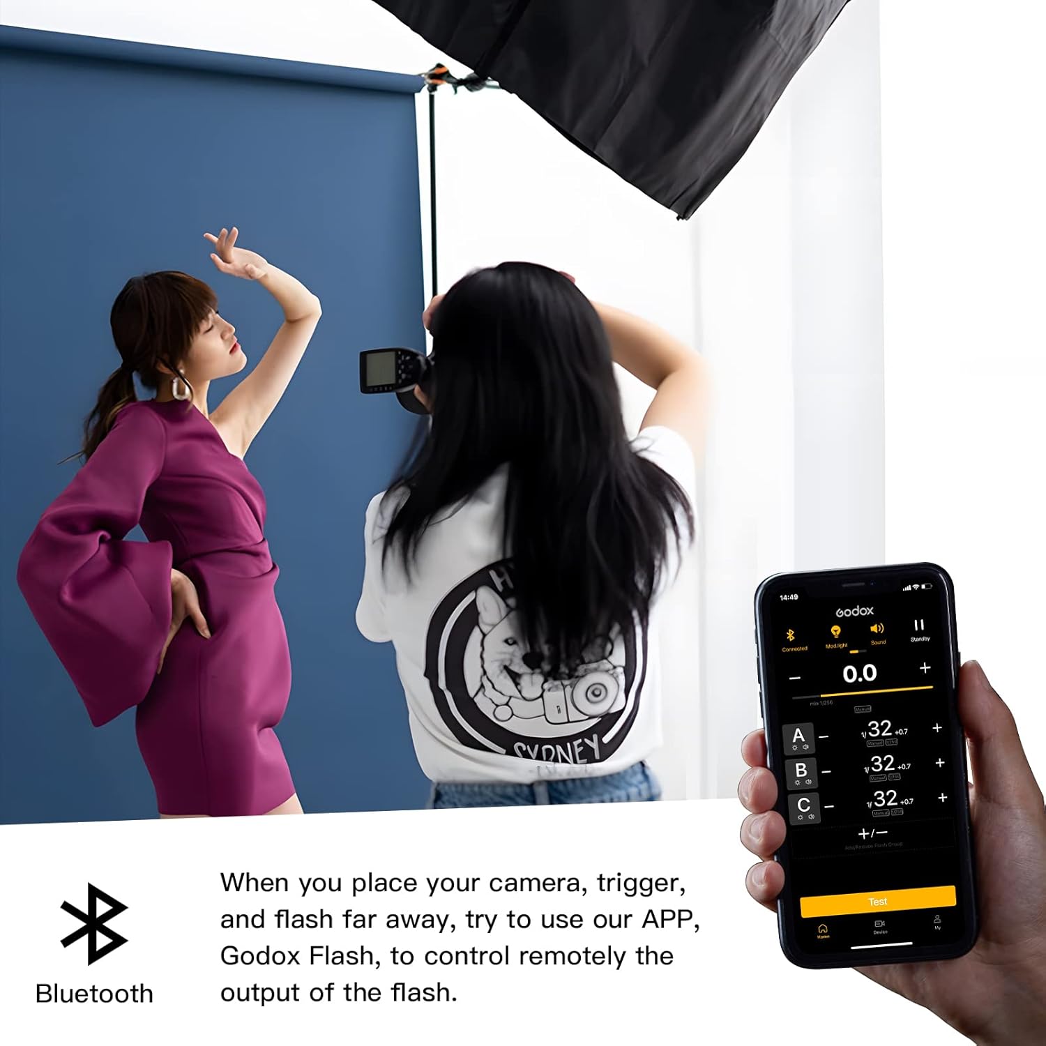 Godox XProII-C controlled via GodoxPhoto App on a smartphone