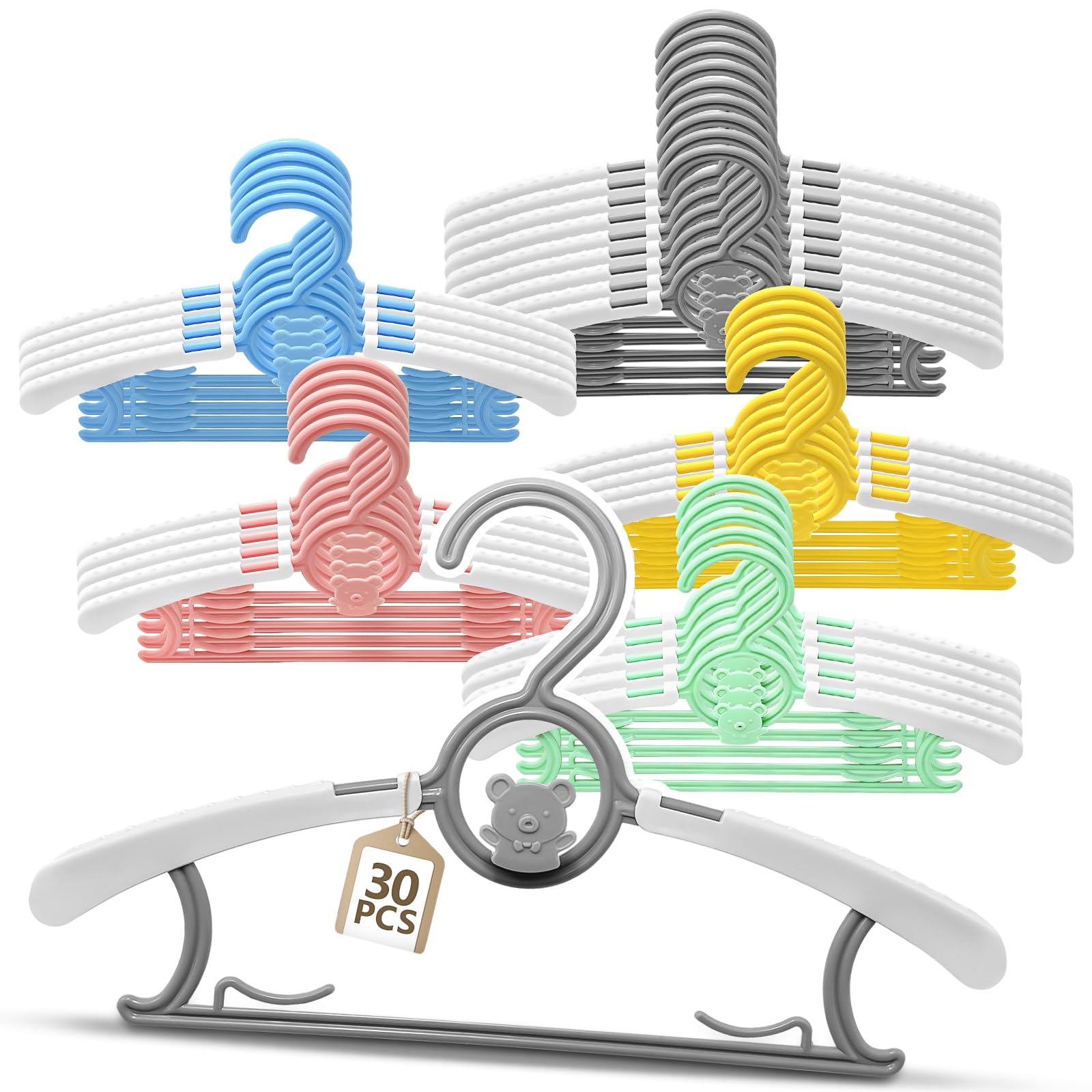 Yonality Mitwachsende kleiderbügel Kinder, 30 stück 28-36 cm mitwachsende kinderkleiderbügel stapelbare Baby kleiderbügel, mit stapelbaren bärchen-Haken, 5 Farben, für kinderbekleidung Baby Garderobe