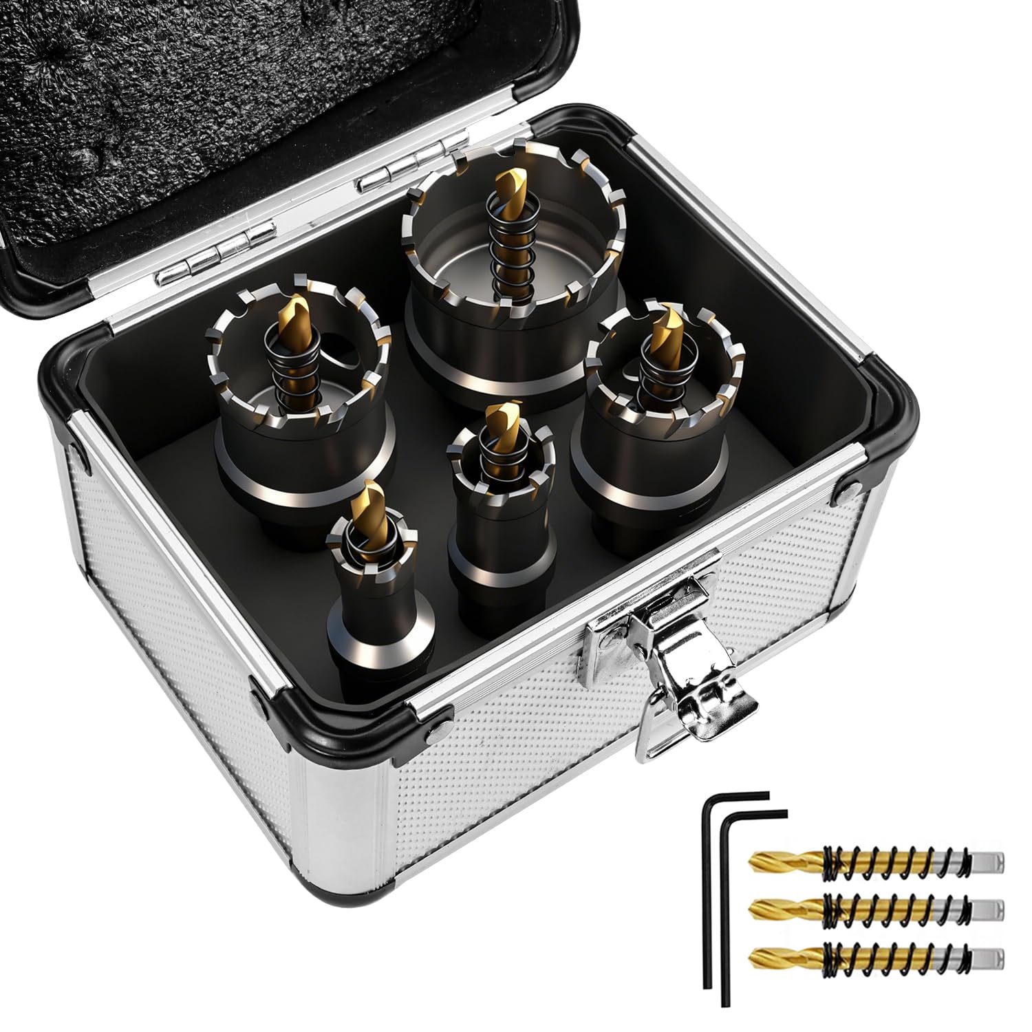 Kit Sierra Perforadora TCT 5 Piezas 16-45mm para Metal | 3 brocas piloto, 2 llaves hexagonales, maletín, dientes de carburo, acero inoxidable hierro aluminio chapa tubo
