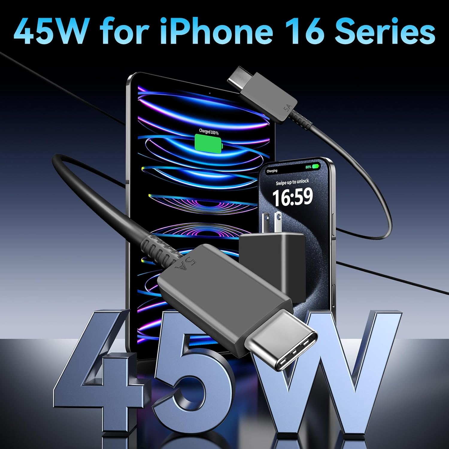 Phone 17 Charger Fast Charging, 45W Super Fast USB C Chargers Block with 10ft Type C Cord for Phone 17/17 Pro/17 Pro Max/Air/16 15 Pro Max Plus,iPad, Galaxy,Black Black 10FT