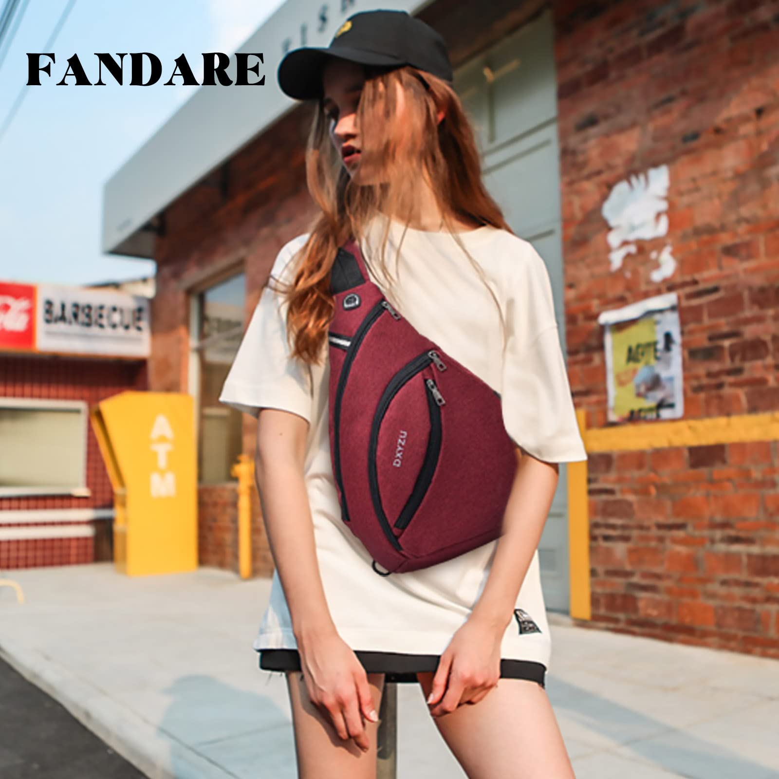 FANDARE Ultra-Léger Sac de Poitrine en Cuir Bandoulière Sling Crossbody Homme Femme Sacoche d'Epaule de Ceinture pour Voyage Randonnée Camping - Imperméable Nylon Rouge