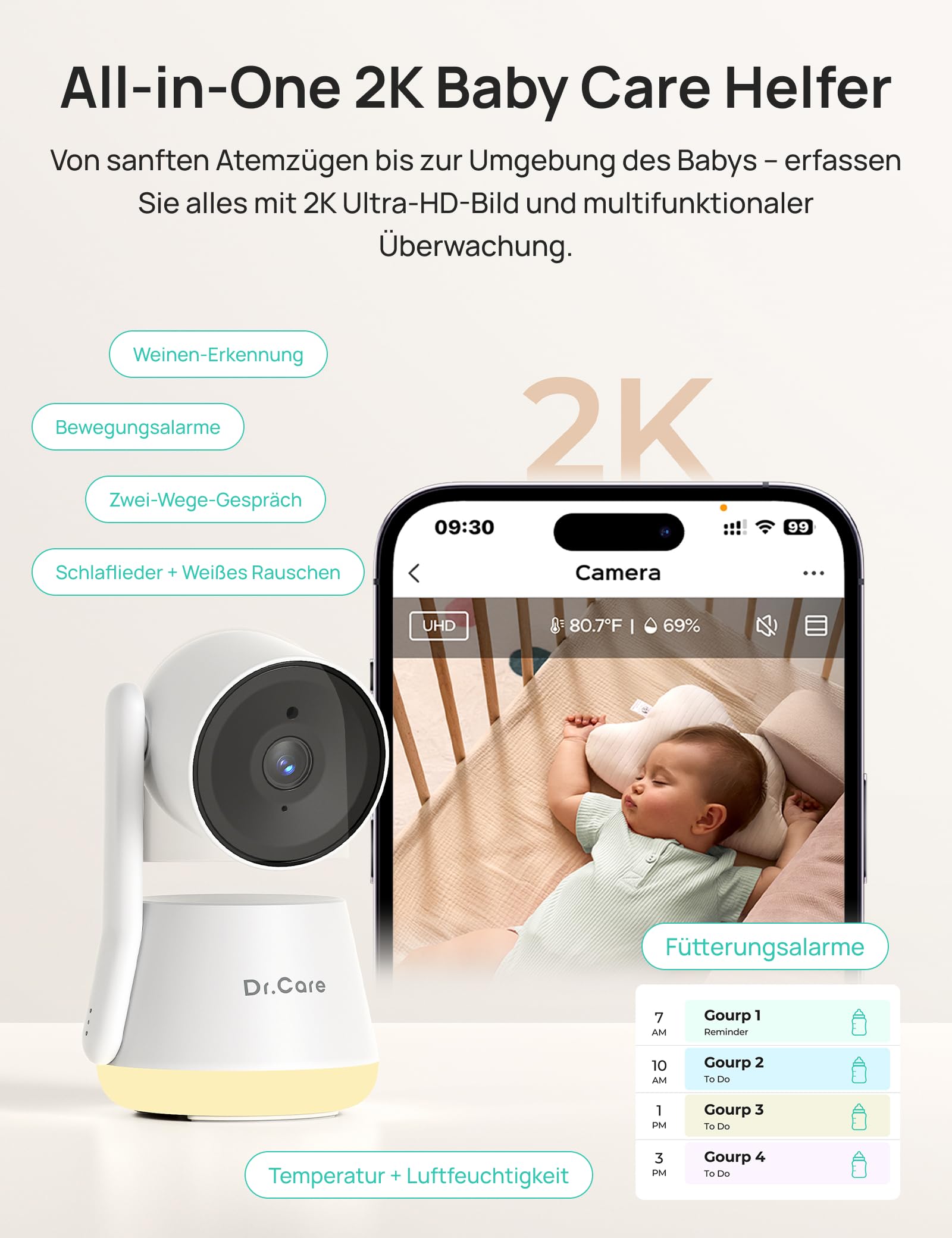 Dr.Care LumiView Babyphone Kamera mit Clip – WiFi Display 5 Zoll 2K FHD, App-Steuerung, Datenschutzmodus, 5000 mAh Akku, Geräusch-/Bewegungsmeldung, HD-Nachtsicht, RGB-Licht
