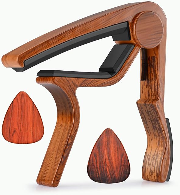 MOREYES Guitar Capo for Acoustic Guitar,Ukelele, Electric Guitar,Bass with Wood Color Guitar Picks (Mirabow color)