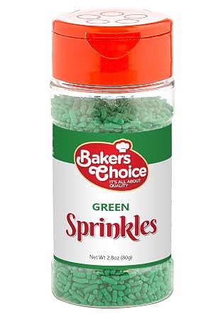 Bakers Choice Green Sprinkles for Baking - Jimmies Sprinkles for Ice Cream Toppings - Dairy Free, Kosher 2.8 oz.
