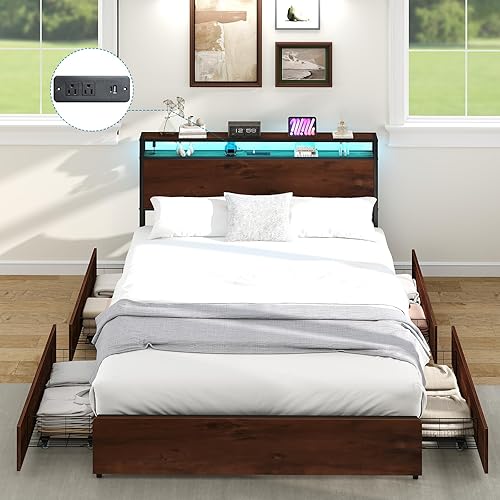 Miniatura 61 de Base de cama de tamaño matrimonial con cabecero, plataforma LED con 4 cajones de almacenamiento, estación de carga integrada, sin ruido, base de