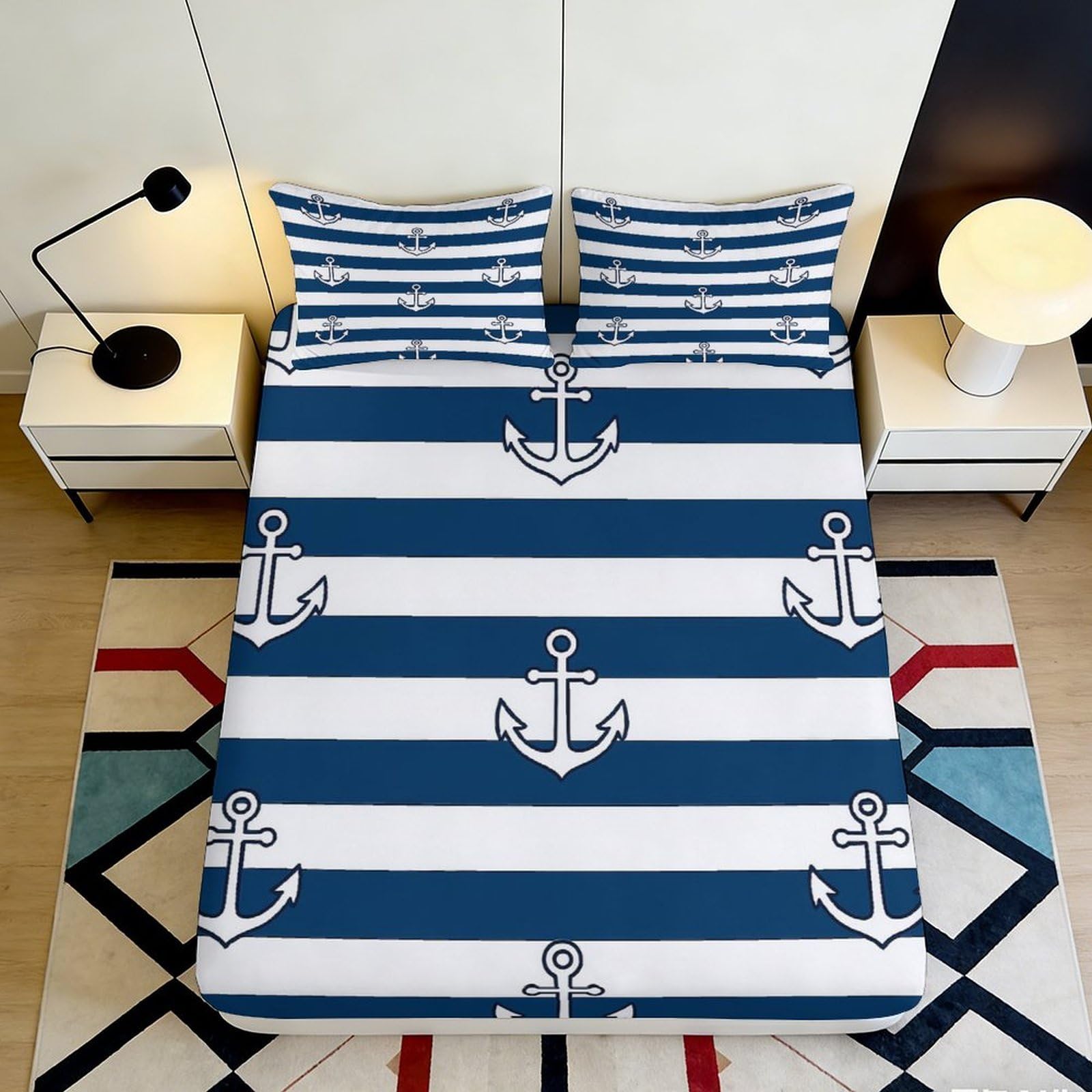 Kzqnxhjprl Style-6 3D Printed Navy Anchor Stripe Fitted Sheet Microfiber Soft Mattress Cover For Bedroom Guest Room Decor Protection 90X200x25cm